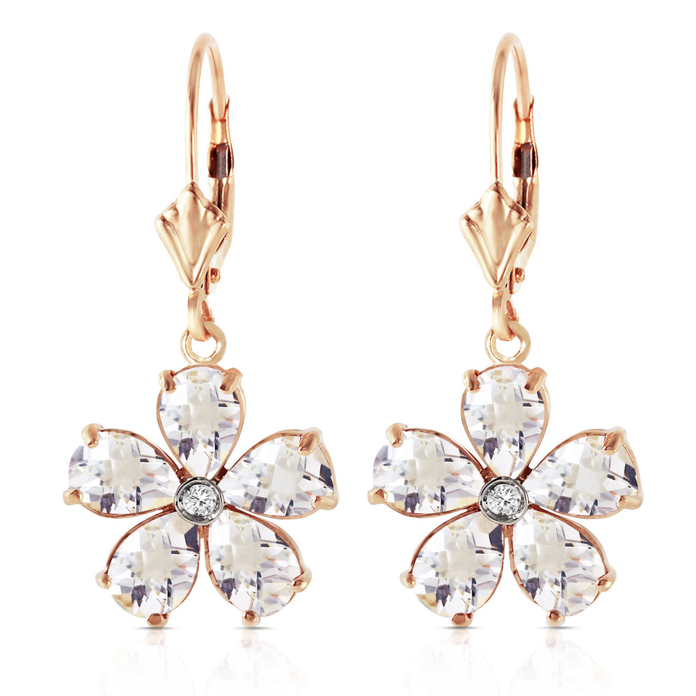 14K.GOLD LEVER BACK EARRING WITH WHITE TOPAZ & DIAMOND (Yellow Gold)